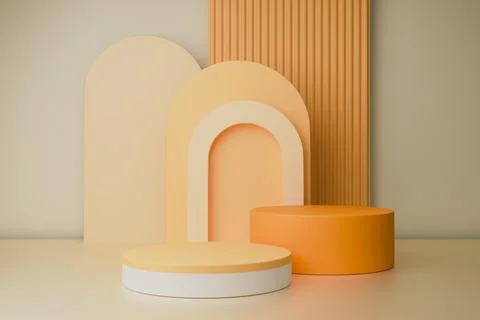 3D render Pastel podiums white, peach with arch shapes on a yellow base Stock Illustration