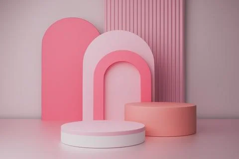 3D render Pastel podiums yellow, orange with arch shapes on a white base Stock Illustration