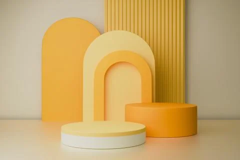 3D render Pastel podiums yellow, orange with arch shapes on a light base Stock Illustration