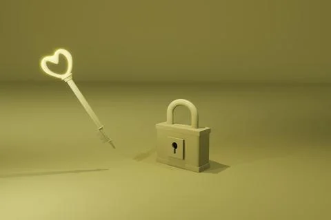3d render of pastel yellow key and padlock with heart shaped ring Stock Illustration