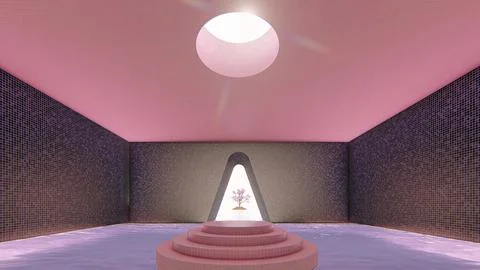 3D render of a pedestal in the middle of a room with water on the floor and a ho Stock Illustration