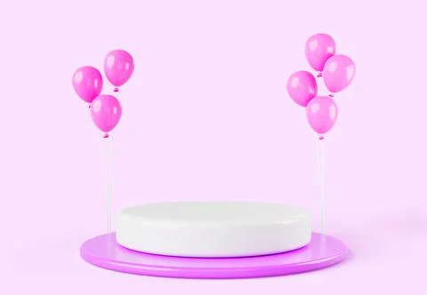 3d render pedestal podium display with balloons on pink background. Round Illustrazione stock