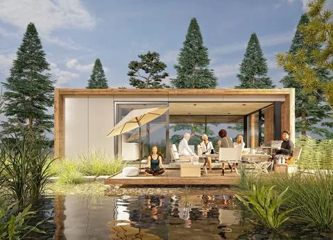 3D render of people having dinner on an outdoor patio Stock Illustration