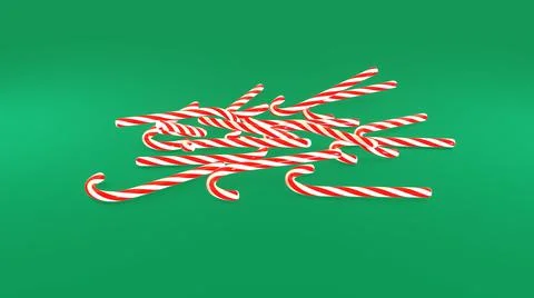 3D Render. Peppermint candy canes falling down slowly on green background. Ca Stock Illustration