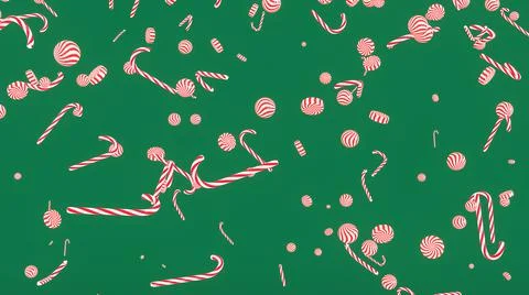 3D Render. Peppermint candy canes falling down slowly on green background. Ca Stock Illustration