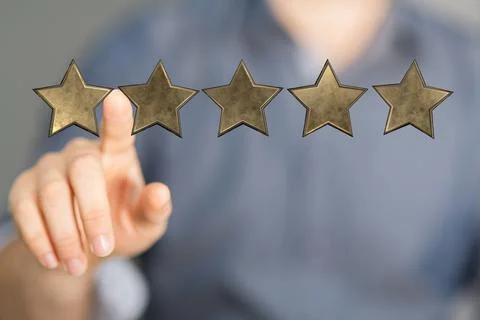 3d render of a person touching a five rating stars Illustrazione stock