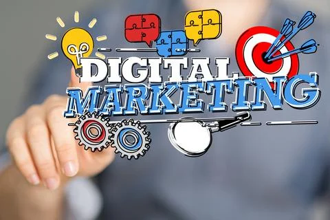 3d render of person touching a text digital marketing with signs and symbols Stock Illustration