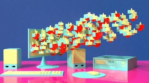 3D Render, personal computer emitting thumb up and love icons Stock Illustration