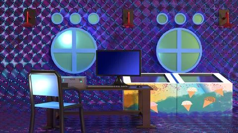 3D Render, personal computer, indoor with ice cream refrigerator, window Illustrazione stock