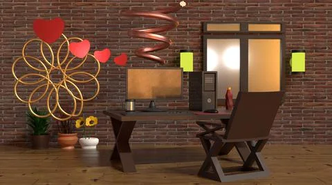 3D Render personal computer, love icon, in a room, spiral line Stock Illustration
