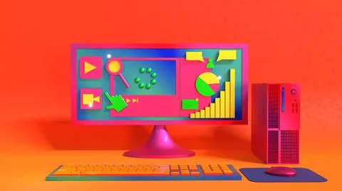 3D Render, personal computer online business with online icons Illustrazione stock