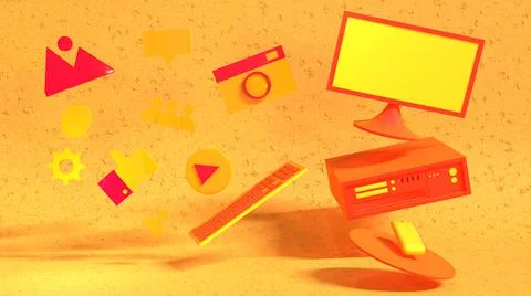 3D Render, personal computer, with online icon Illustrazione stock