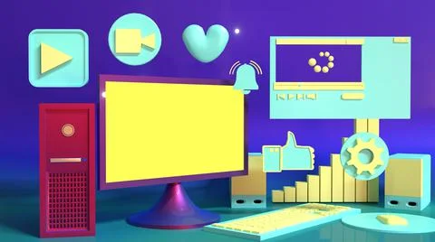 3D Render, personal computer with website, chart, play icon, recording icon Stock Illustration