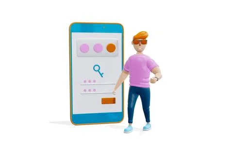 3d render. Phone with password. The man is nearby. cartoon style 스톡 일러스트