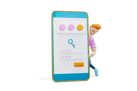 3d render. Phone with password. The man looks up. cartoon style 스톡 일러스트