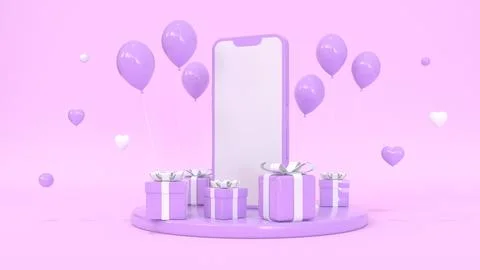 3D render of a phone on a podium surrounded by heart figures, balloons and .. Stock Illustration