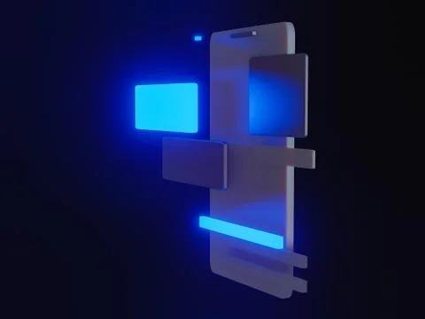 3d render of phone with ui ux blocks. app development. Ilustração Stock