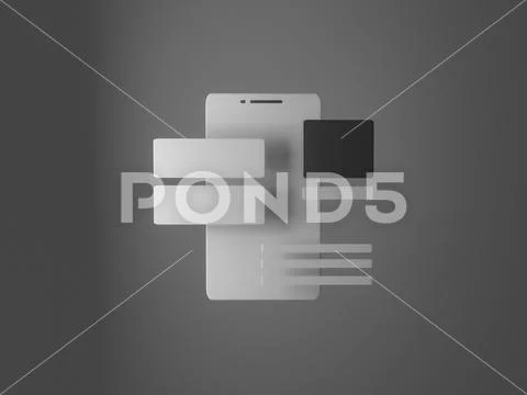 3d render of phone with ui ux blocks. app development. Stock Illustration
