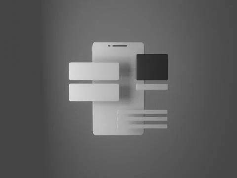 3d render of phone with ui ux blocks. app development. Ilustração Stock