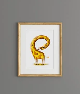 3d render Photo frame with giraffe on the wall Stock Illustration