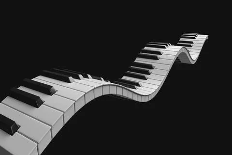 3d render of piano keys flying through the space isolated on black Stock Illustration