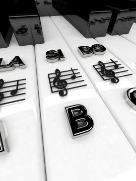 3D render, Piano keys with treble clef notes . Musical background Stock Illustration
