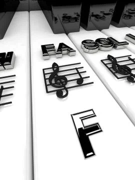3D render, Piano keys with treble clef notes . Musical background Stock Illustration