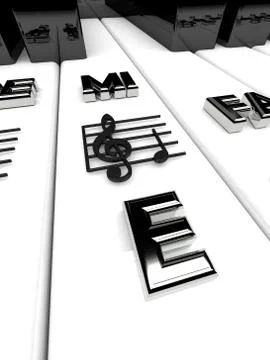 3D render, Piano keys with treble clef notes . Musical background Stock Illustration