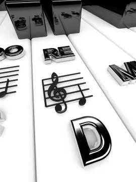 3D render, Piano keys with treble clef notes . Musical background Stock Illustration