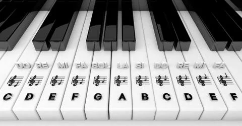3D render, Piano keys with treble clef notes . Musical background Stock Illustration