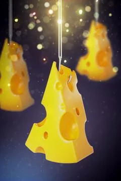 3D Render. A piece of cheese hanging on a hook. Illustrazione stock