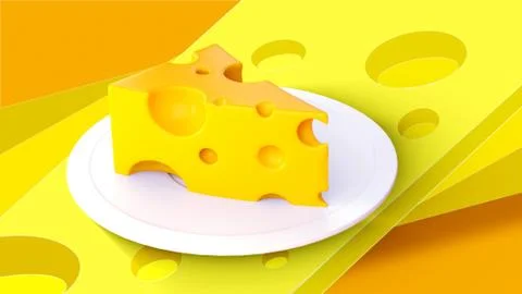 3d render. A piece of cheese lies on a plate. Illustrazione stock