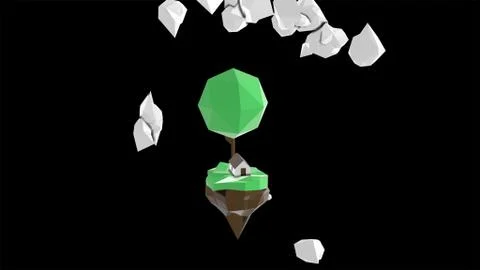 3d render. A piece of land detached from planet, traveling in space, with green Stock Illustration