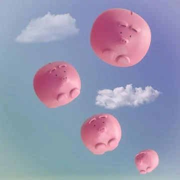 3D Render of  Piggy Banks on Clouds Illustration