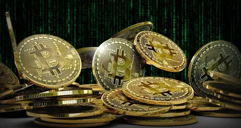 3D render of a pile of Bitcoins with green codes in the background Illustrazione stock