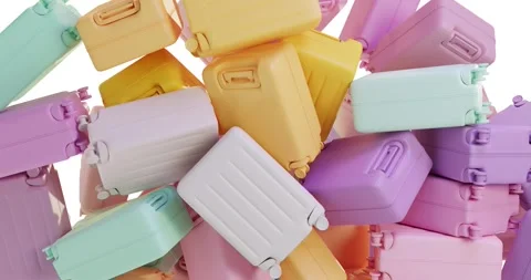 3d render of a pile of placers of bright suitcases Stock Footage 251893959