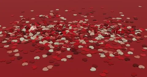 3D render of a pile of red and cream love hearts scattered on red background Stock Illustration
