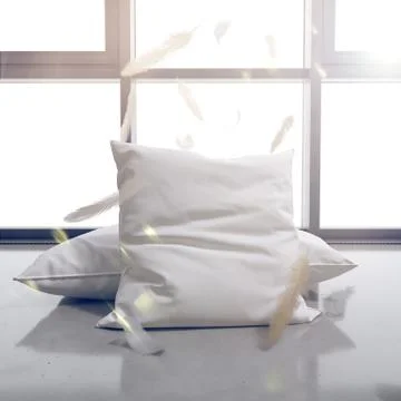 3d render Pillows and feathers on the background of the window. The sun shines Stock Illustration