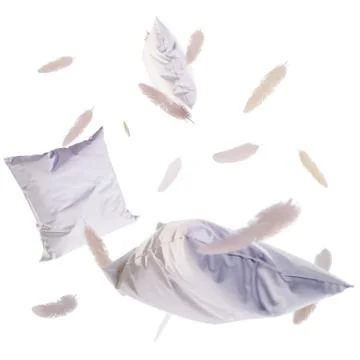 3d render Pillows and feathers in the air. Isolated on white background. dreams Illustrazione stock