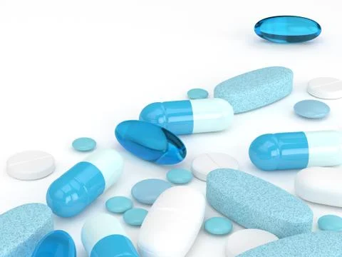 3d render of pills, tablets and capsules over white Illustrazione stock