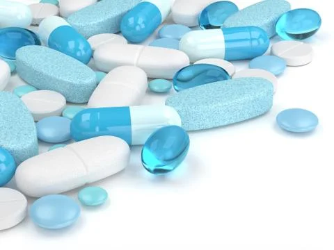 3d render of pills, tablets and capsules over white Stock Illustration