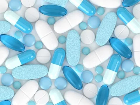 3d render of pills, tablets and capsules over white Stock Illustration