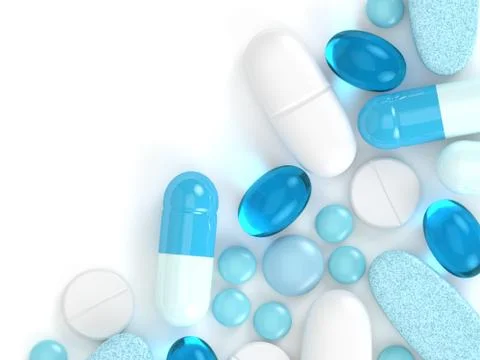 3d render of pills, tablets and capsules over white Stock Illustration