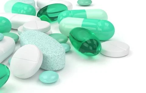 3d render of pills, tablets and capsules over white Stock Illustration