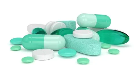 3d render of pills, tablets and capsules over white Illustrazione stock