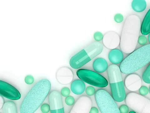3d render of pills, tablets and capsules over white Stock-Illustration