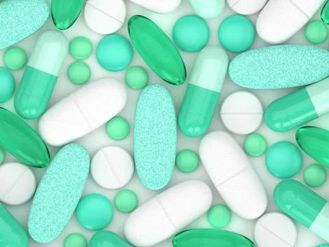 3d render of pills, tablets and capsules over white Stock Illustration
