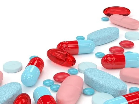 3d render of pills, tablets and capsules over white Stock Illustration