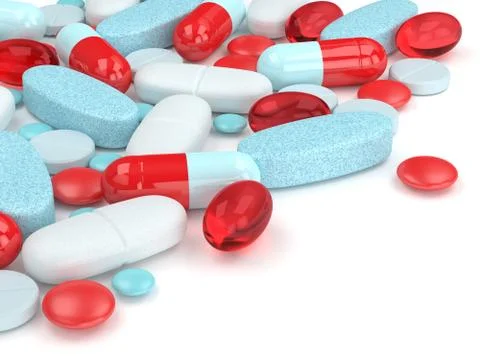 3d render of pills, tablets and capsules over white Stock Illustration
