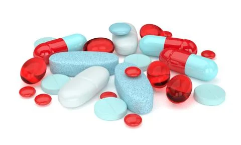 3d render of pills, tablets and capsules over white Stock Illustration